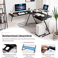Vista 9 de Tangkula Escritorio para computadora en forma de L, estación de trabajo de esquina para oficina en casa con soporte de anfitrión móvil, estante