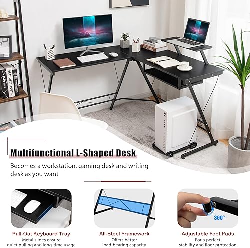 Miniatura 9 de Tangkula Escritorio para computadora en forma de L, estación de trabajo de esquina para oficina en casa con soporte de anfitrión móvil, estante