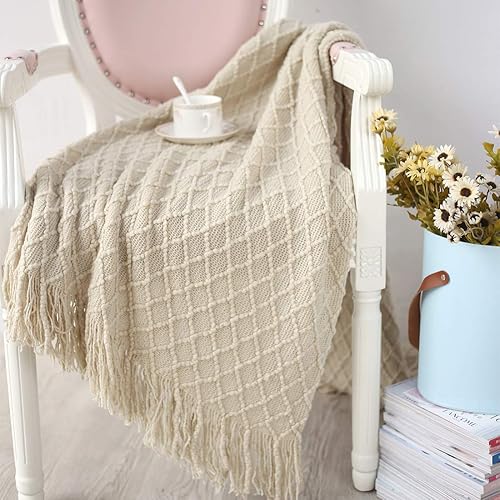 vctops Manta de flecos sólida con borlas geométricas de punto de cachemira sintética súper suave y cálida manta para sofá cama y sala de estar para