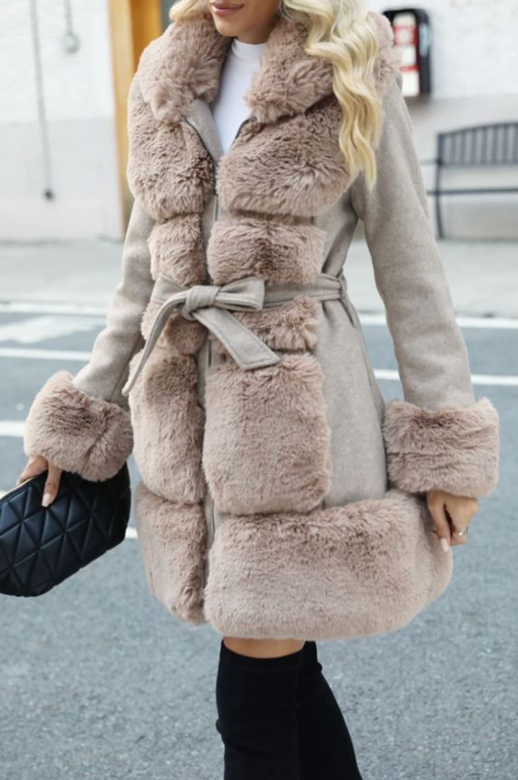 Giolshon Gabardina Larga con Cinturón para Mujer Parka Gruesa de Forro Polar Piel Sintética y Mezcla de Lana Sintética Prendas de Vestir