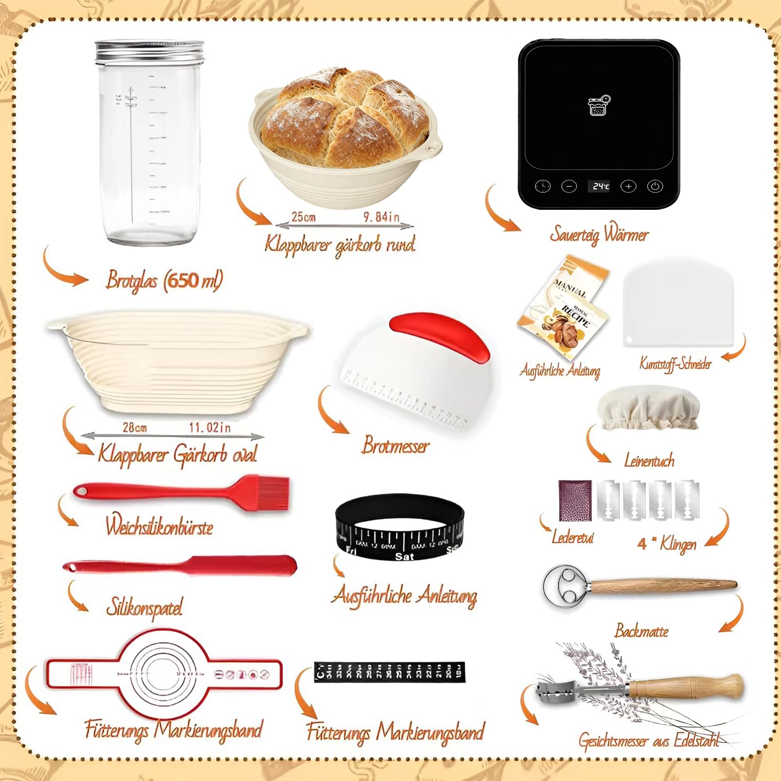 Daity Sauerteig Starter Set, 13-teilig Brot Backen Zubehör,Sauerteig Wärme, 28cm Klappbare Brot Gärkorb Oval und 25cm Klappbare Brot Gärkorb rund,für Anfänger und Professionelle Bäcke