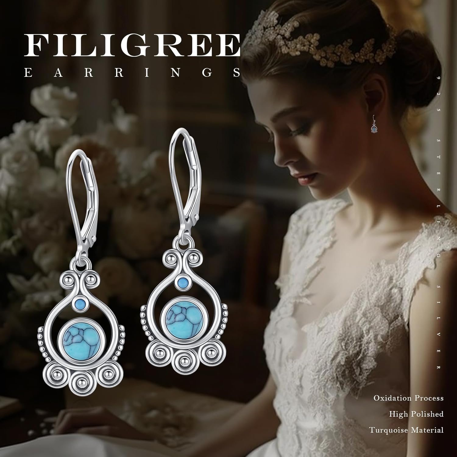 Turquoise Earrings for Women 925 Sterling Silver Boho Turquoise Drop Dangle Earrings Leverback Vintage Jewelry for Women - Image 5
