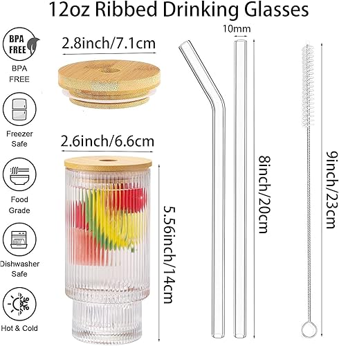 Miniatura 2 de Vasos acanalados con tapas y pajitas de bambú, juego de 4 vasos de vidrio acanalado de 12 onzas, cristalería acanalada vintage acanalada, taza de
