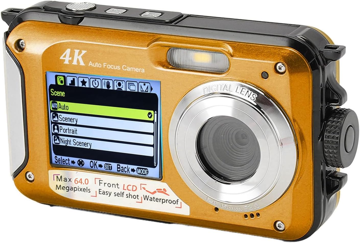 EBTOOLS 4K Underwater Camera, 56MP Camera with 16X Zoom, Dual Screens, 64GB Card, Auto Focus, 10FT Compact Digital Camera (Yellow)