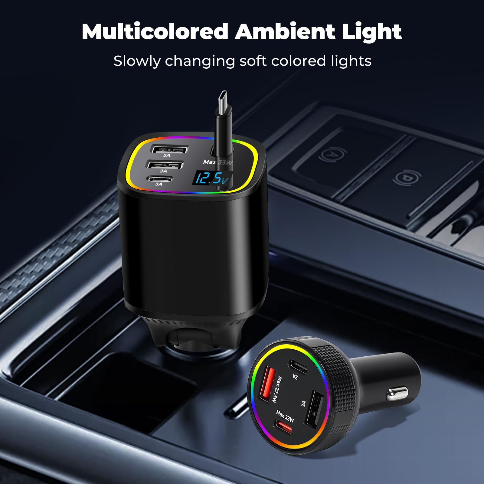Ładowarka samochodowa USB C, 4 w 1, chowana, 78 W, szybkie ładowanie, ładowarka USB C, adapter typu C na L, do iPhone'a/Samsunga/iPada/Androida (czarna + czarna)