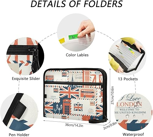 Miniatura 3 de Carpeta de archivos expansible con temática retro del Reino Unido y Londres, 13 bolsillos, organizador expansible, carpeta de archivos para tamaño
