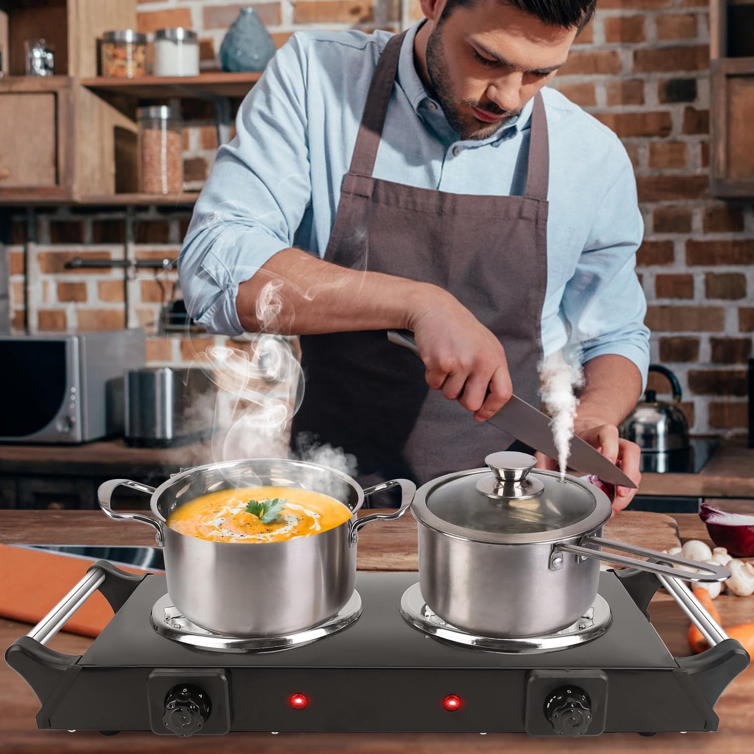 KOCASO 2000W Electric Dual Burner Portable Coil Heating Hot Plate Stove Countertop RV Hotplate with 5 Temperature Adjustments Portable Handles
