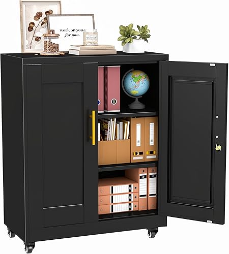 Miniatura 17 de Armario de almacenamiento de garaje de metal de 71 pulgadas de alto con ruedas, archivadores de acero con 2 puertas y 4 estantes ajustables para