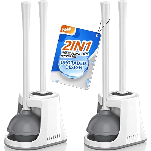 LOVLOY Toilet Plunger and Brush, Bowl Brush and Heavy Duty Toilet Plunger Set with Ventilated Holder, 2-in-1 Toilet Brush and Plunger Combo for Bathroom Cleaning (2, White)