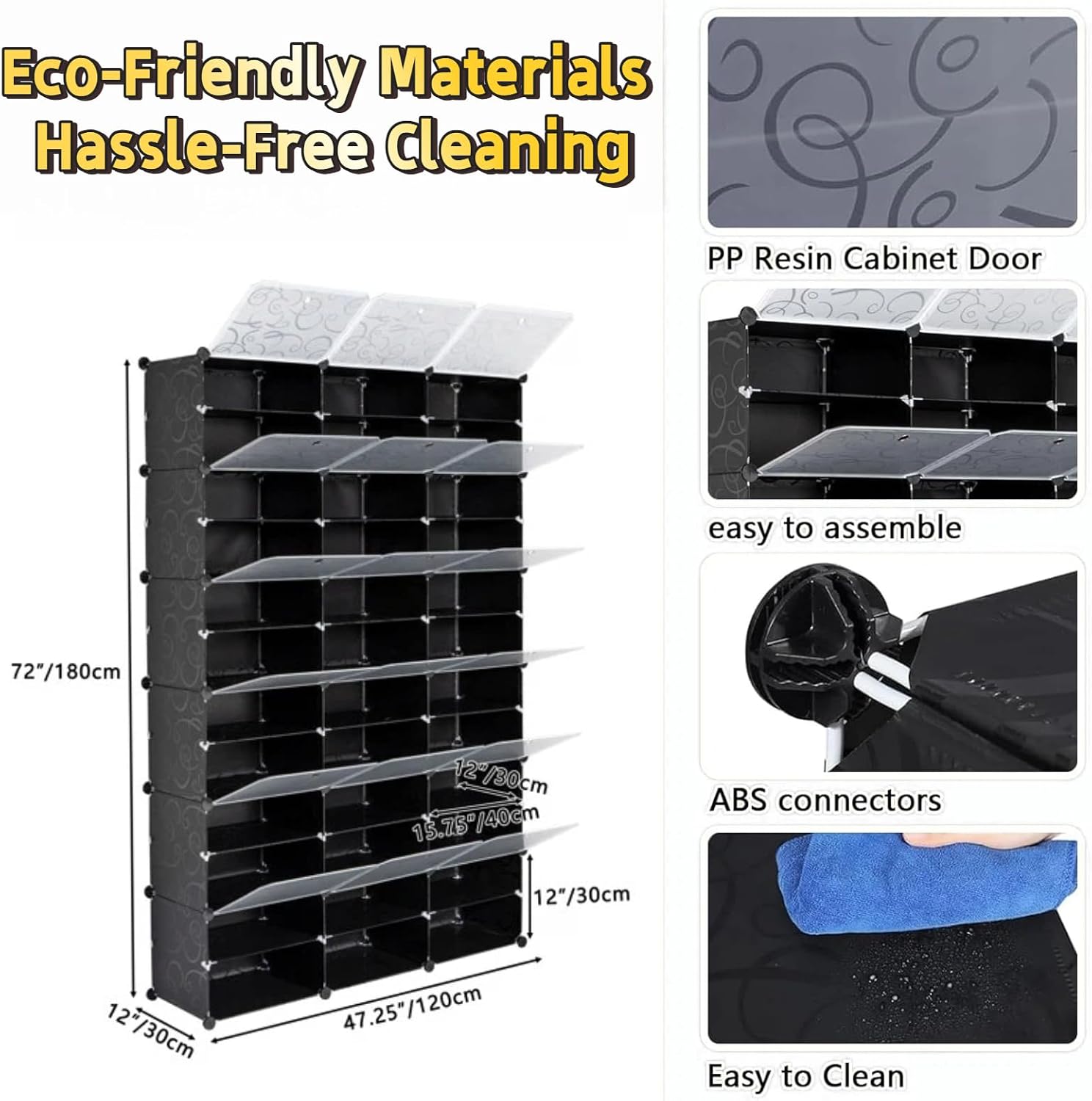 12 Tier Shoe Rack, Up to 72 Pair with Cover, 36 Grids Expandable Shoe Rack, DIY Portable Organizer for Heels, Boots, Slippers, Use for Entryway, Hallway, Closet(Black, 47.25" x 12" x 72")