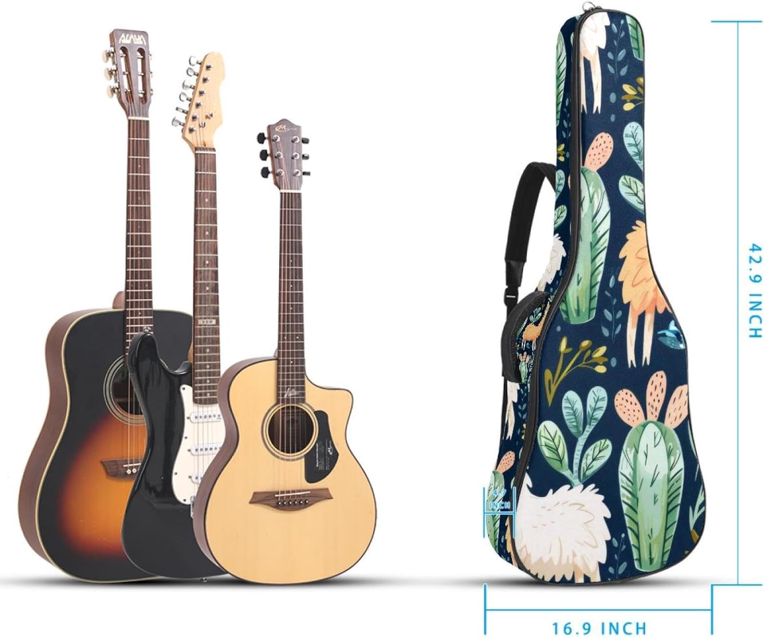 Acoustic Guitar Gig Bag 1 cm Thick Padding, Waterproof Electric Guitar Bag 40-42 Inch Guitar Case Backpack with Dual Shoulder Strap, Cute Llama Alpaca Cactuses and Leaves
