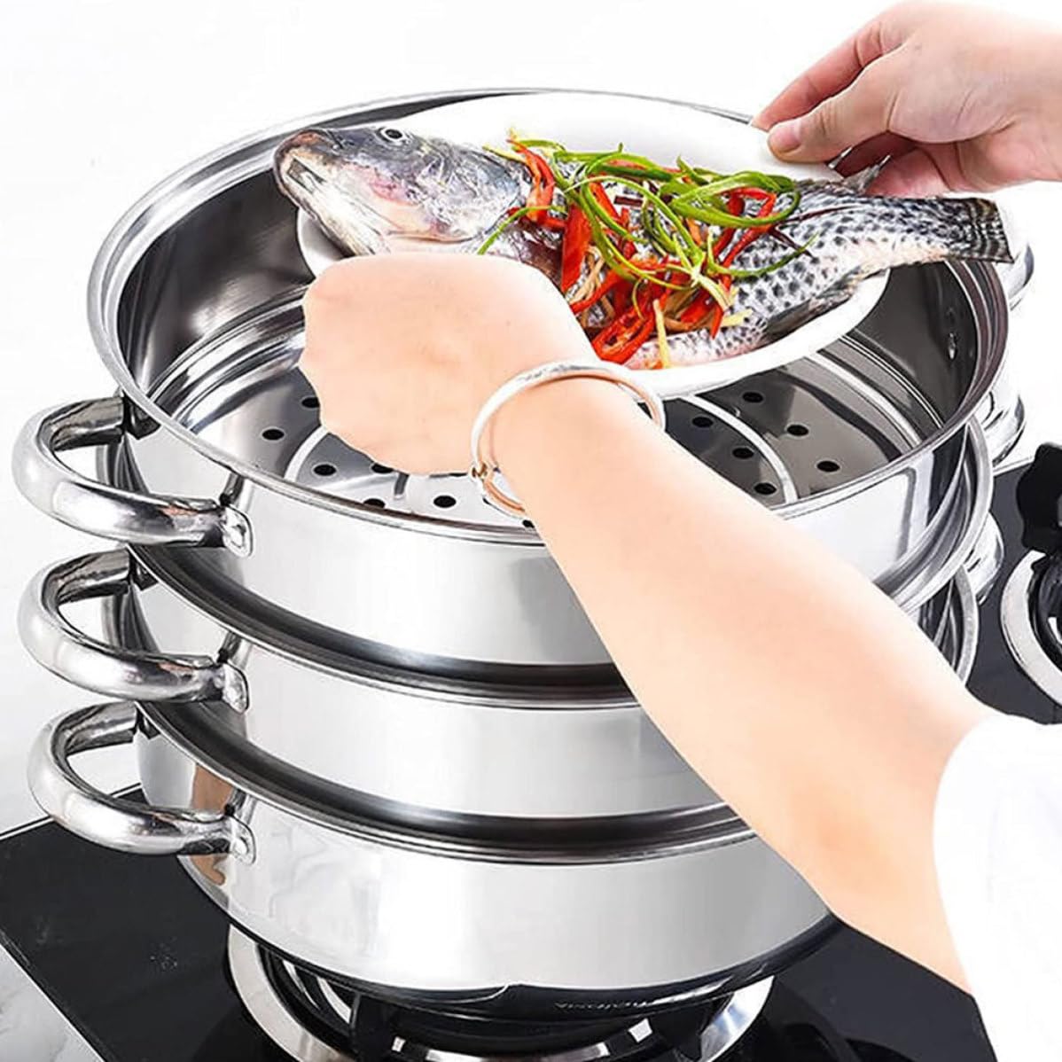FOMIYES Olla Vaporera Diseño de 3 Capas de 28 Cm de Acero Inoxidable y Tapa de Vidrio para Cocinar al Vapor Verduras y Sopas en Casa