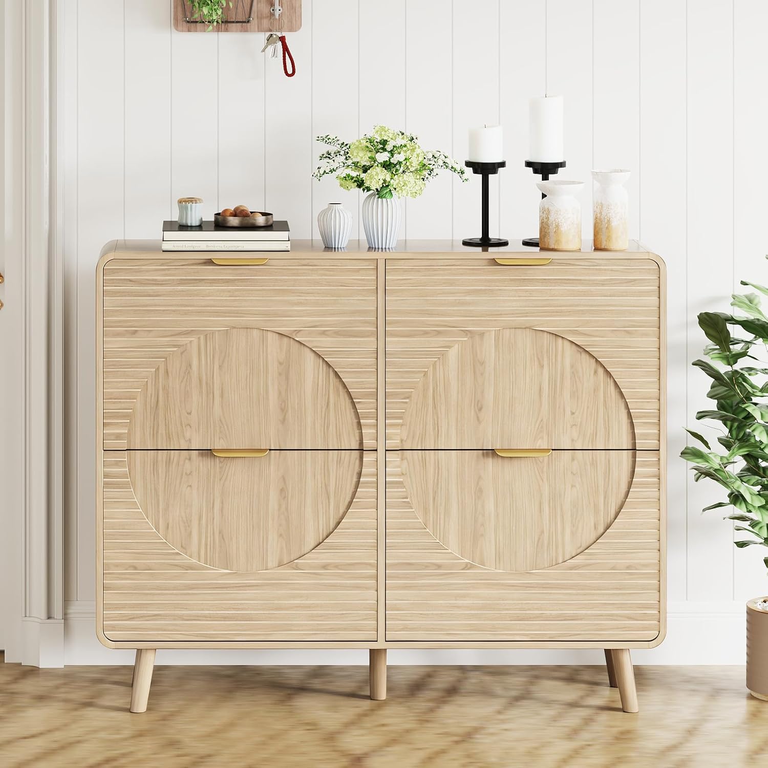 Fluted Shoe Storage Cabinet for Entryway with 4 Flip Drawers, Narrow Wood Fluted Slim Shoe Rack Cabinet, Free Standing Wooden Shoes Organizer for Foyer, Hallway (4 Flip Drawers, B-Oak)