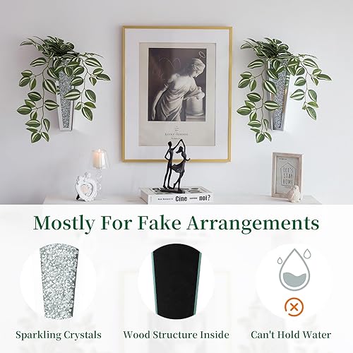 Miniatura 6 de Hewory - Jarrones de pared de espejo para decoración, 2 jarrones plateados colgantes de 11.2 pulgadas de alto para flores, florero grande con espejo