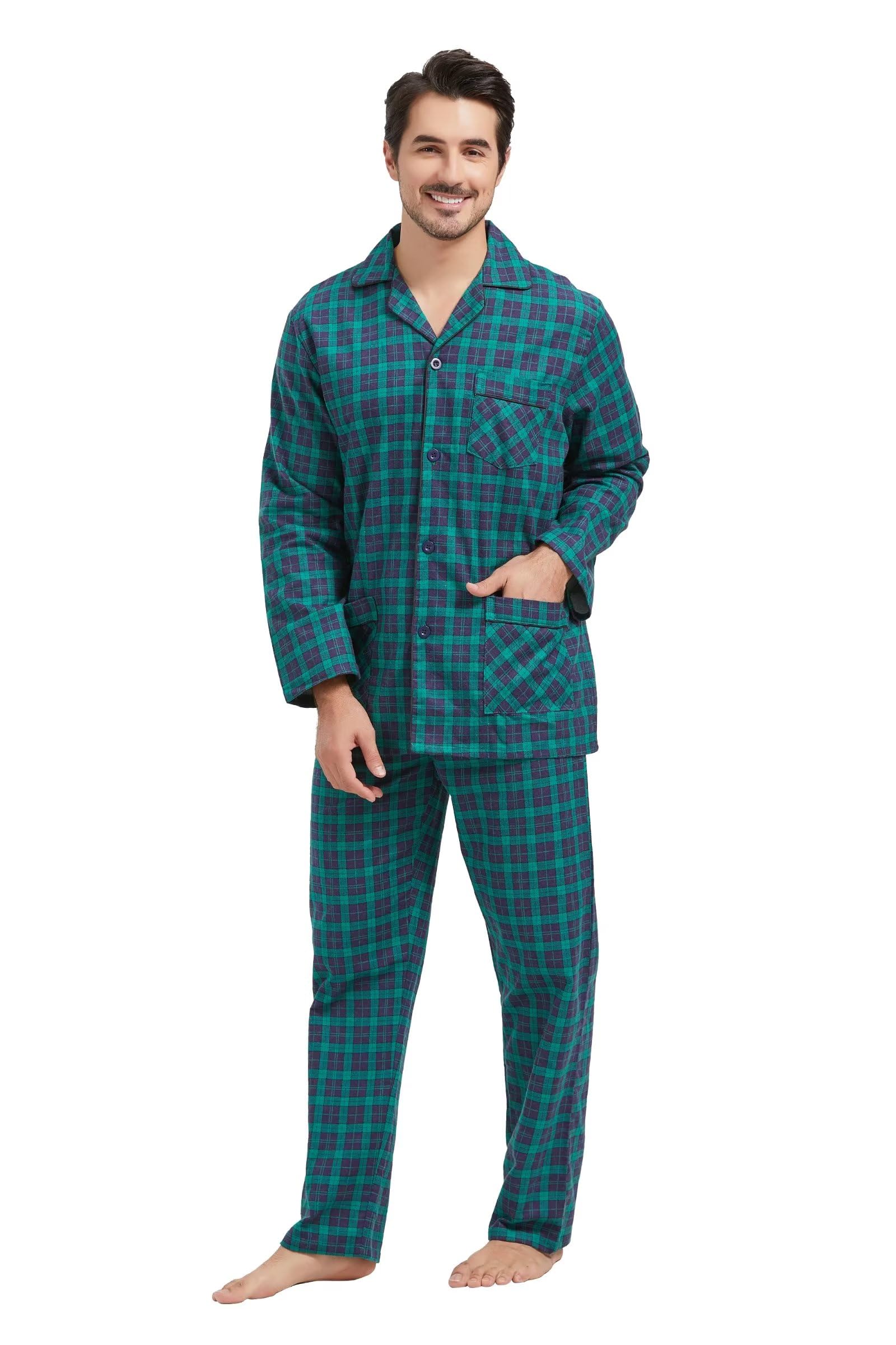 Amaxer Pigiama Cotone Uomo Lungo 100% Flanella Invernale Indumenti da Notte Top a Manica Lunga con Tasche Pantaloni con Coulisse
