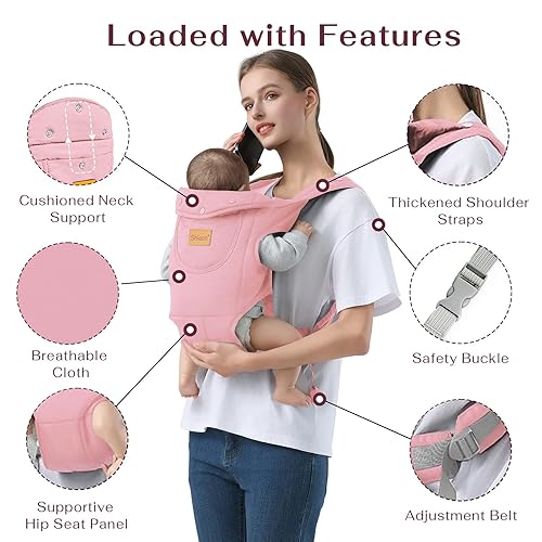 Miniatura 3 de Portabebés para recién nacidos a niños pequeños (7-30 libras), portabebés con correa ajustable para el hombro, portabebés para el pecho, rosa
