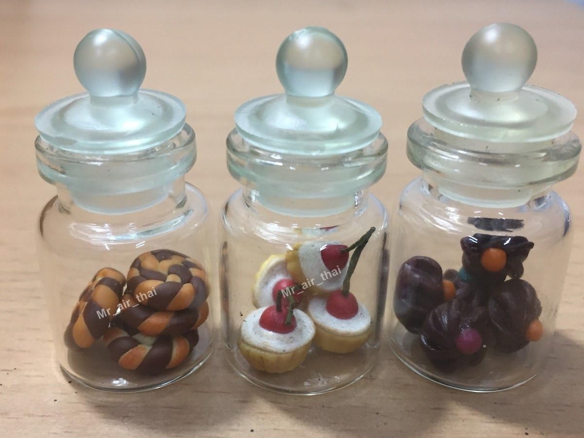 3pc Miniature Food Chocolate Cookie Cake Candy Dollhouse Donut in Clear Glass Mini Bottle Fruit Food #MF040
