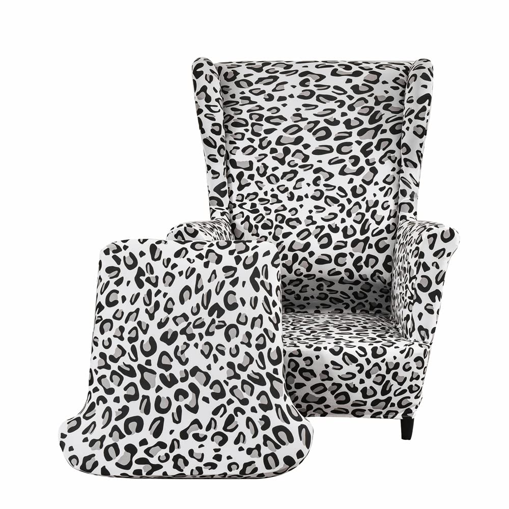 Highdi White Leopard Print Wingback Chair Armchair Covers 2-Piece High Stretch Spandex Printed Wing Chair Slipcover, Removable Armchair Cover Furniture Protector For Livingroom Bedroom (White Leopard Print)