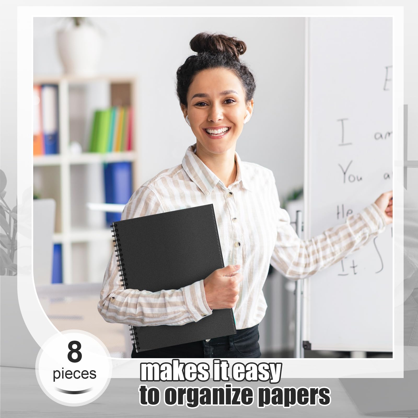 Qilery Carpetas de 8 piezas con bolsillos en espiral, 10 bolsillos, organizador de carpetas con 8 bolsillos transparentes, carpeta de documentos, carpeta negra con fundas de plástico para escuela,