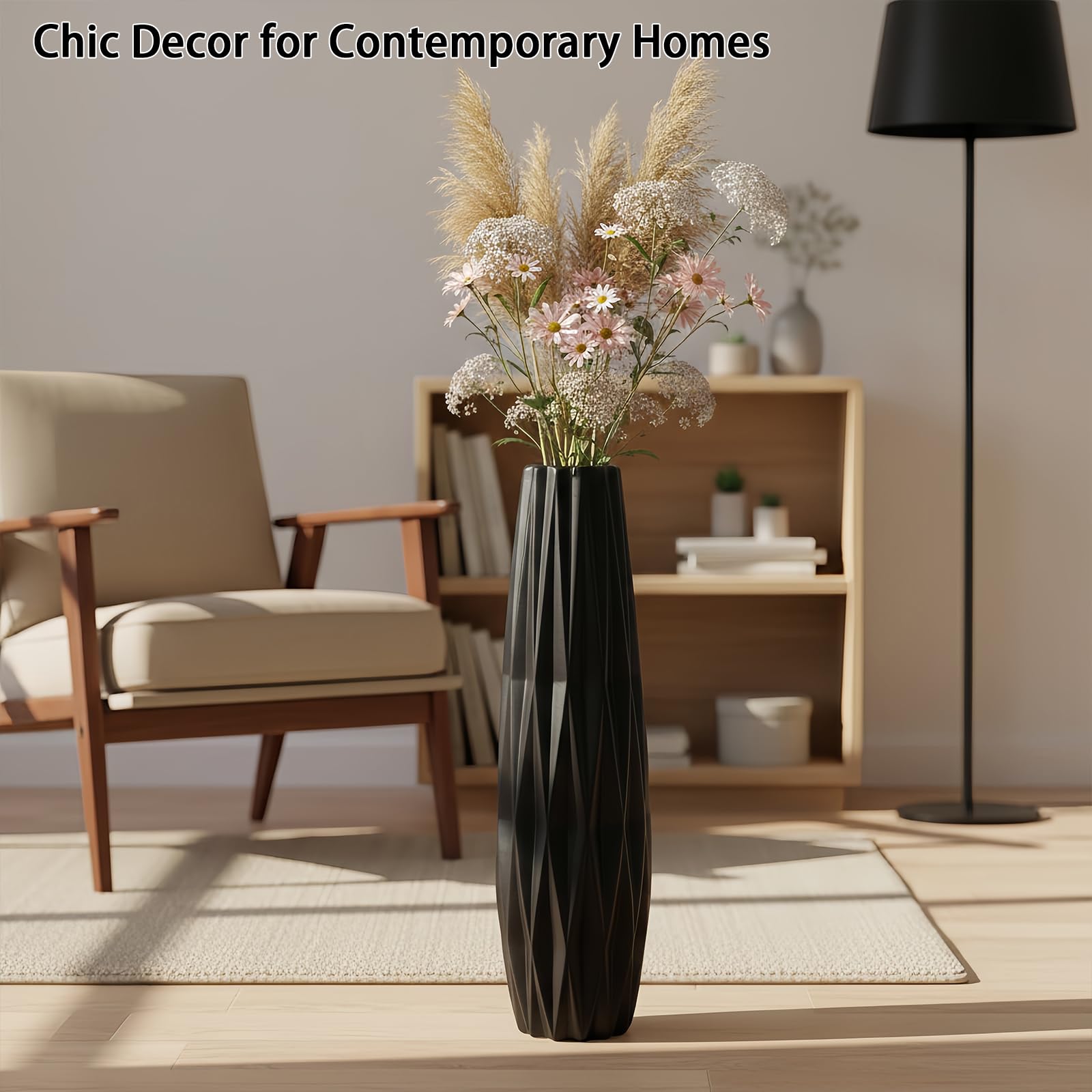 Moderne 60CM Schwarze Keramik Bodenvase,Hoch,24" Dekorative Vase für Pampasgras,Blumen und Trockenblumen,Ideal für Wohnzimmer und Büro