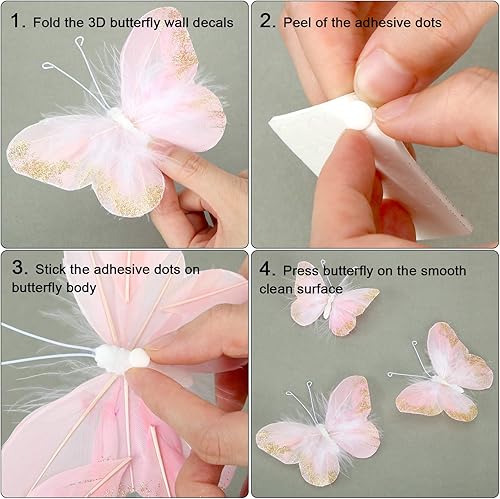Miniatura 4 de 16 calcomanías de pared de mariposa 3D de plumas con purpurina dorada para decoración de habitación, oficina, dormitorio, baño, sala de estar (rosa