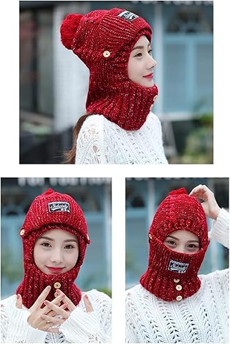 Miniatura 3 de 2 en 1 para mujer, bufanda de punto, sombrero elástico cálido de invierno con protectores de oídos, gorra integrada a prueba de viento para