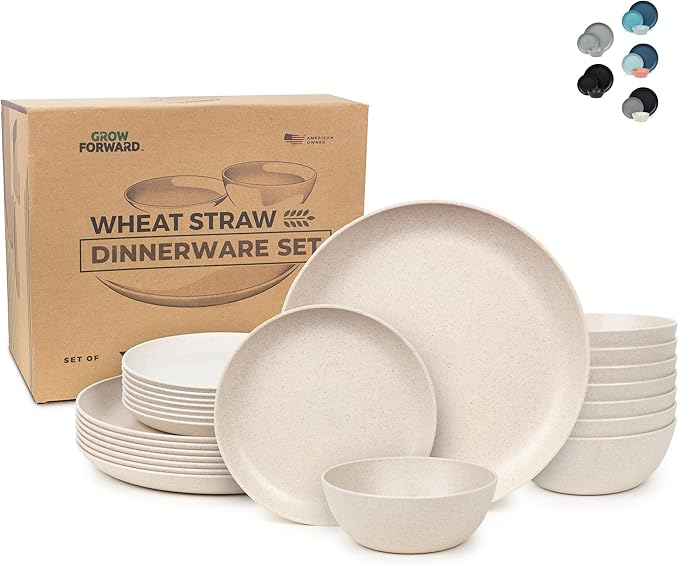 Grow Forward 24-piece Premium Wheat Straw Dinnerware Sets for 8 - Dinner Plates, Dessert Plates, Cereal Bowls - Unbreakable Microwave Safe Plastic Plates and Bowls Sets, RV, Camping Dishes - Sahara