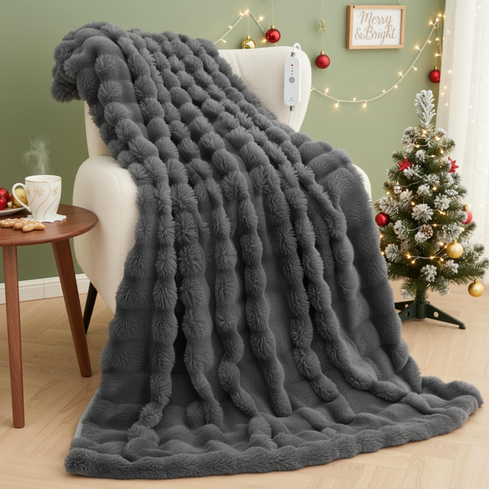 CURECURE Heated Blanket 130x180cm with 3D Bubble Faux Rabbit Fur, Gray