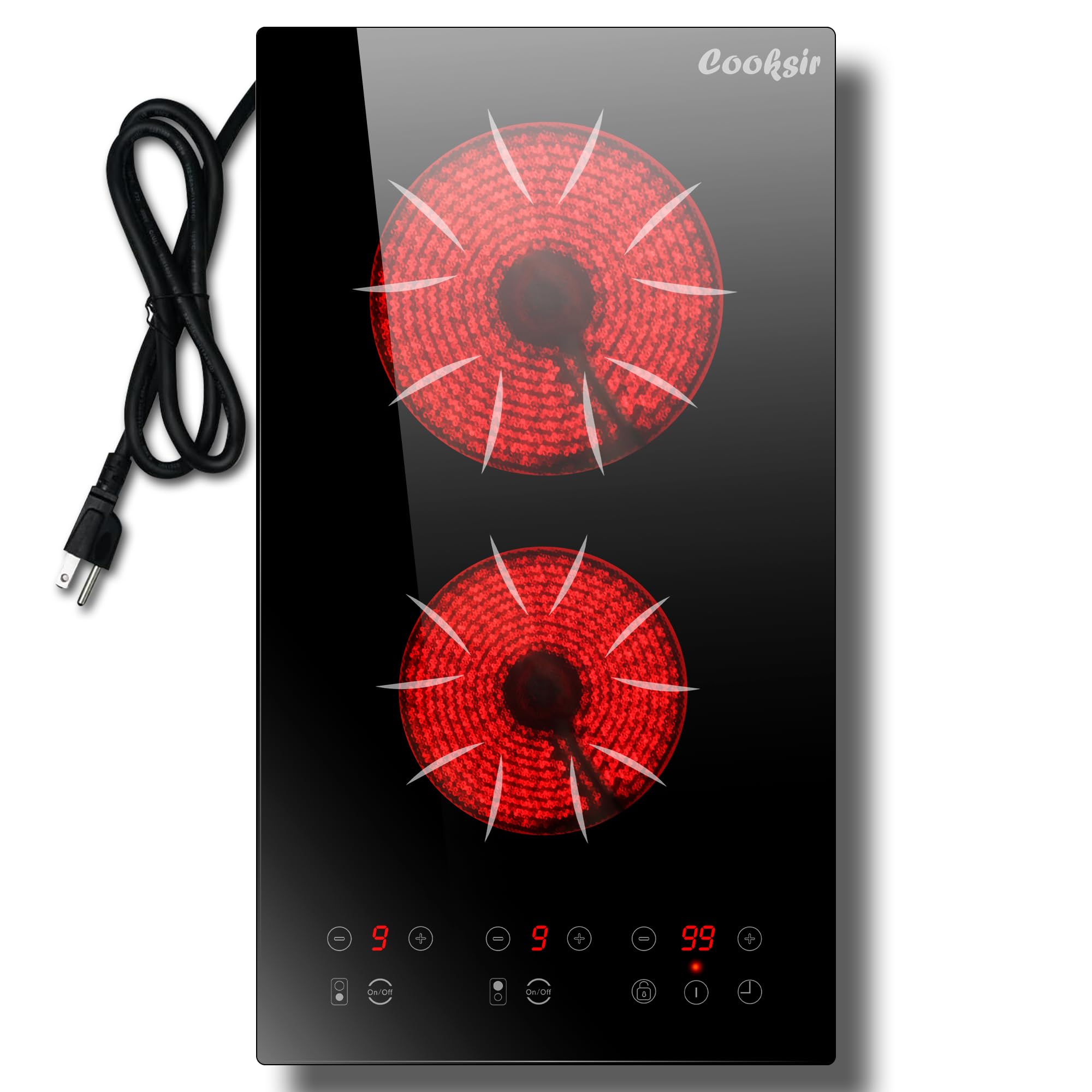 Cooksir 2 Burner Electric Cooktop - 2000W 12 Inch Electric Stove Top Built-in & Countertop, 110V Portable Two Burner Electrical Cook Top with Safety Lock, 180-Min Timer, Touch Control, 110V Plug in