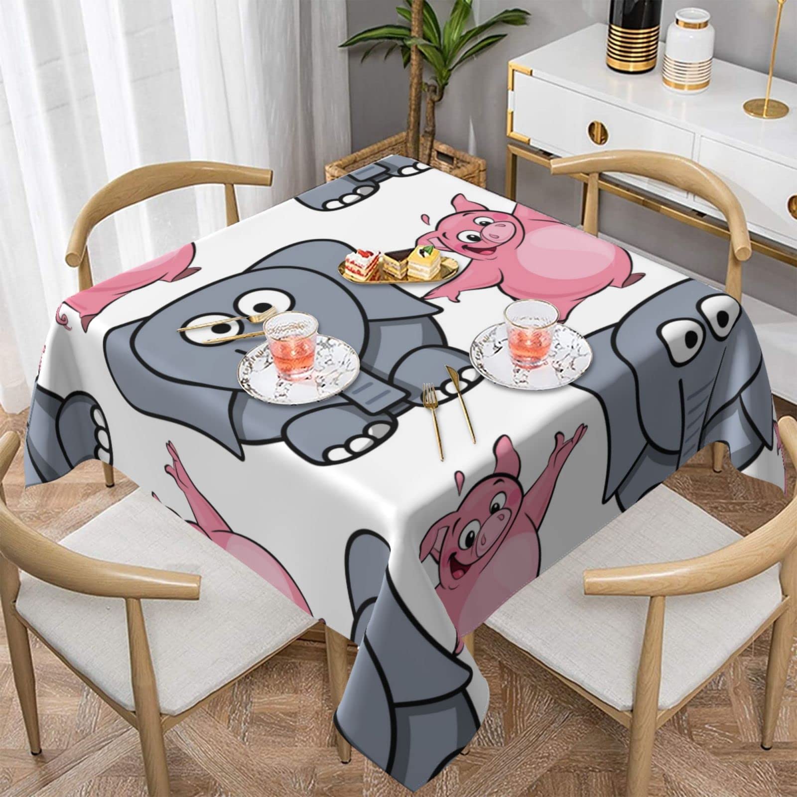Lawenp Elephant and Piggie Square Wrinkle-Free Table Cloth Cover Table Decorative for Wedding Dinning Party Banquet Tabletop