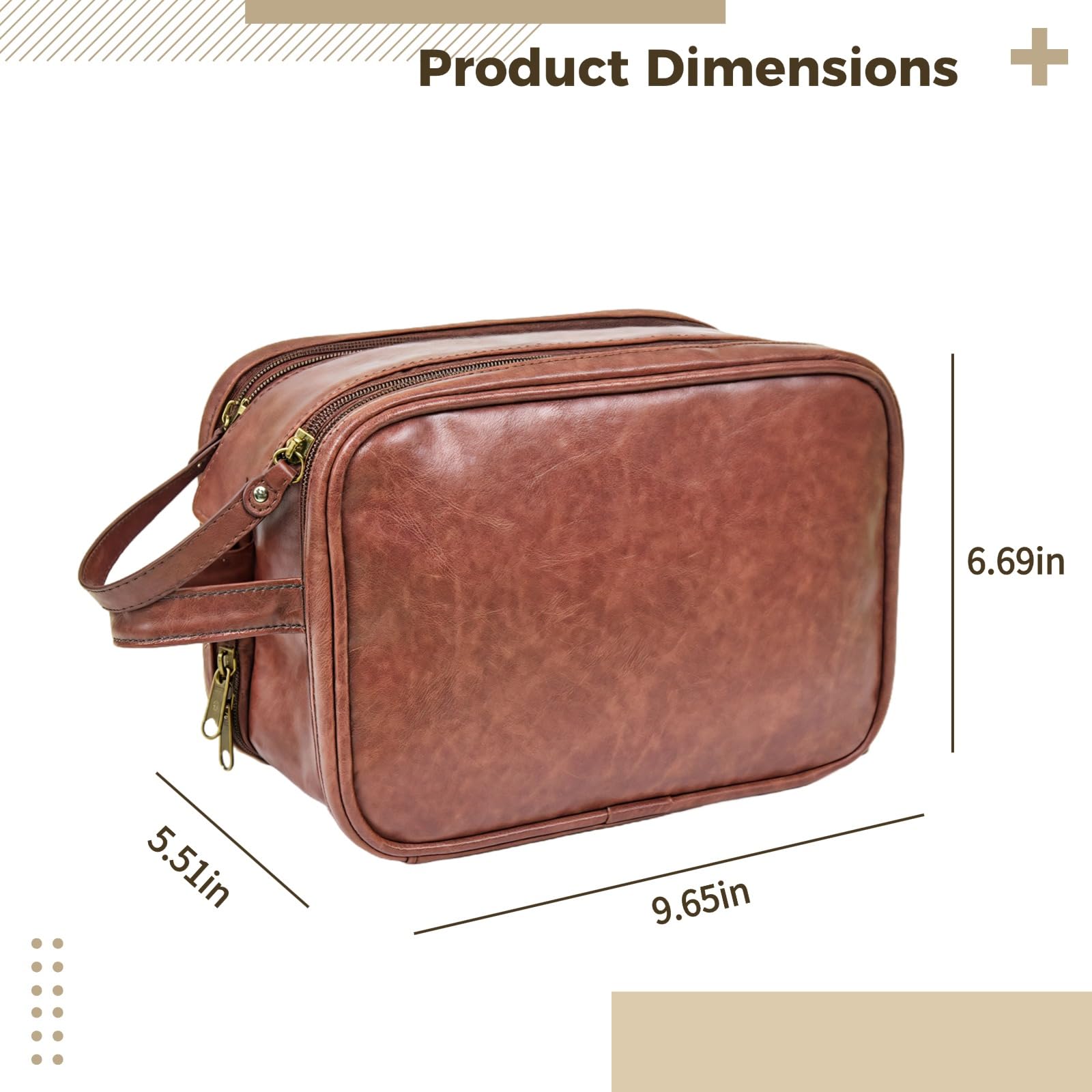 Herren Kulturbeutel Reisetasche aus PU-Leder, hängende Reise-Rasiertasche mit Doppelreißverschluss, großes Fassungsvermögen, Braun, für Reisen und Geschäftsreisen, mit Haken, Tragegriff und Innenfach