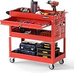 Goplus 3 Tier Rolling Tool Cart with Lockable Drawer, Heavy Duty Metal Utility Cart on Wheels with Pegboards & Hooks, Mechanic Tool Storage Organizer for Garage, Warehouse & Workshop (Blue)