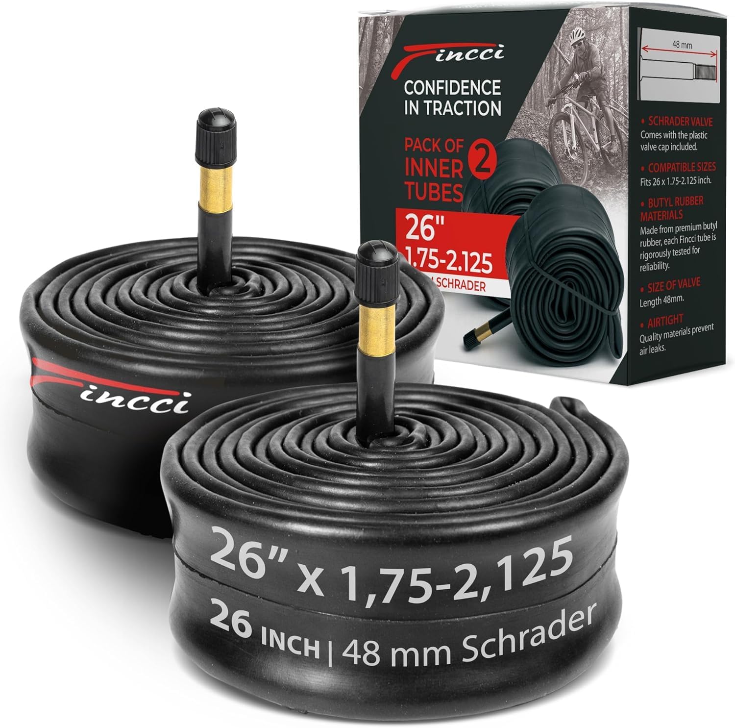 Fincci Fahrradschlauch 26 Zoll - Fahrrad Schlauch MTB 26 x 1.75 x 1.95 x 2.00 x 2.10 Zoll mit Schrader Auto Ventil 48 mm - Schläuche für Mountainbike, E Bike, Rennrad Fahrrad, Klapprad