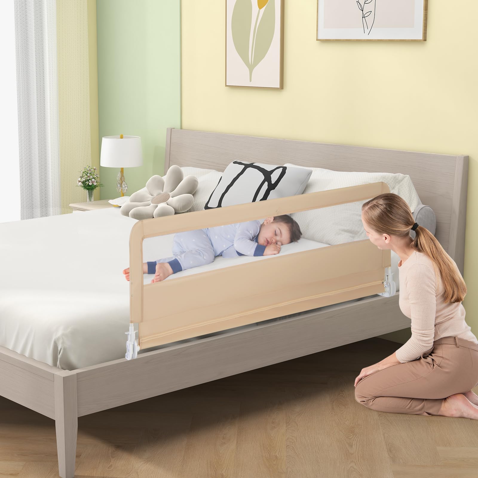 RELAX4LIFE Sponda Letto per Bambini 180 cm/150 cm, Barriera di Sicurezza, Traspirante e Pieghevole, Sbarra Letto per Letti Singoli e Matrimoniali (Beige, 150 x 41 x 55 cm)