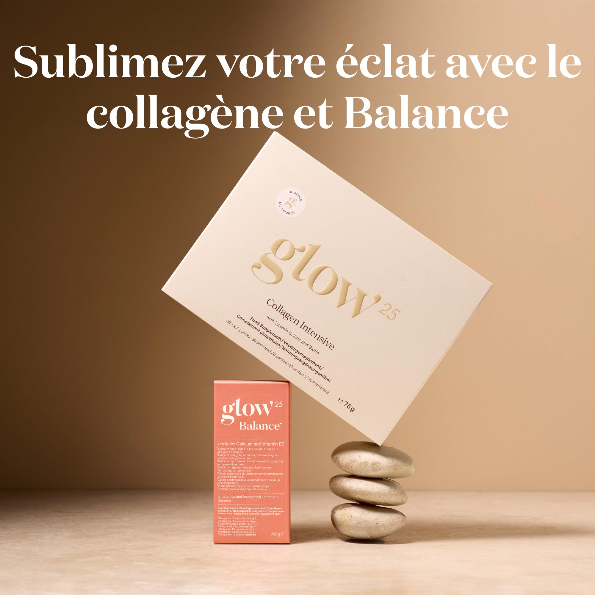 Glow25® Collagen Intensive – marin, tripeptides, vitamine C, zinc, biotine | Collagène intensif avec tripeptides, vitamine C, zinc, biotine – hydrolysat marin – peptides type 1 et 3 – bonne solubilité