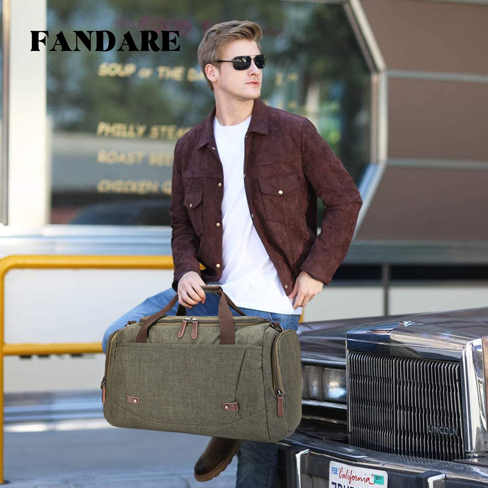 FANDARE Bolsa de Viaje Bolsa de Deporte Hombre Bolsa de Lona Maleta Grande Bolsa de Fin de Semana para Hombres y Mujeres Bolso Overnight Senderismo Maleta de manomochila de Viaje Verde A