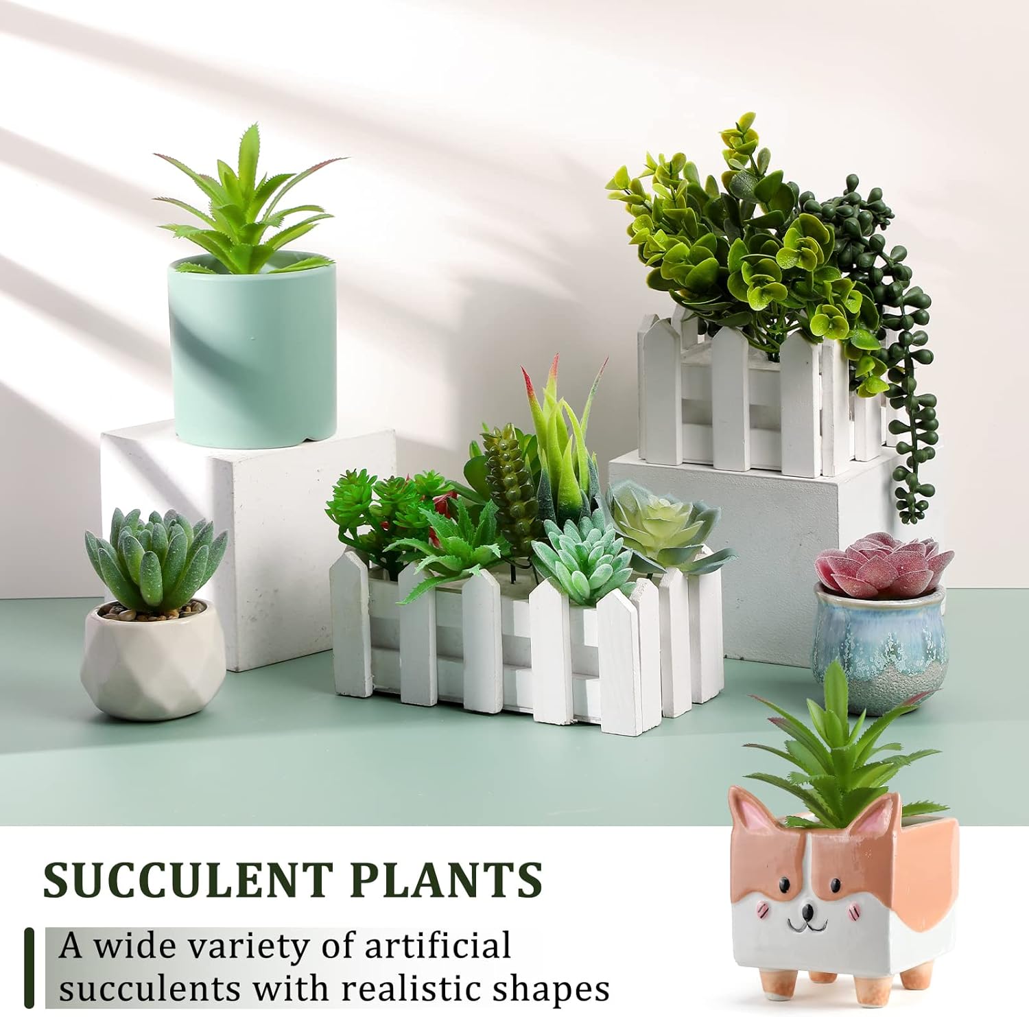Therwen 32 Pcs Artificial Succulent Plants Mini Fake Succulents Faux Realistic Unpotted Succulents Assortment in Flocked Green for DIY Crafting Home Garden Office Party Decoration