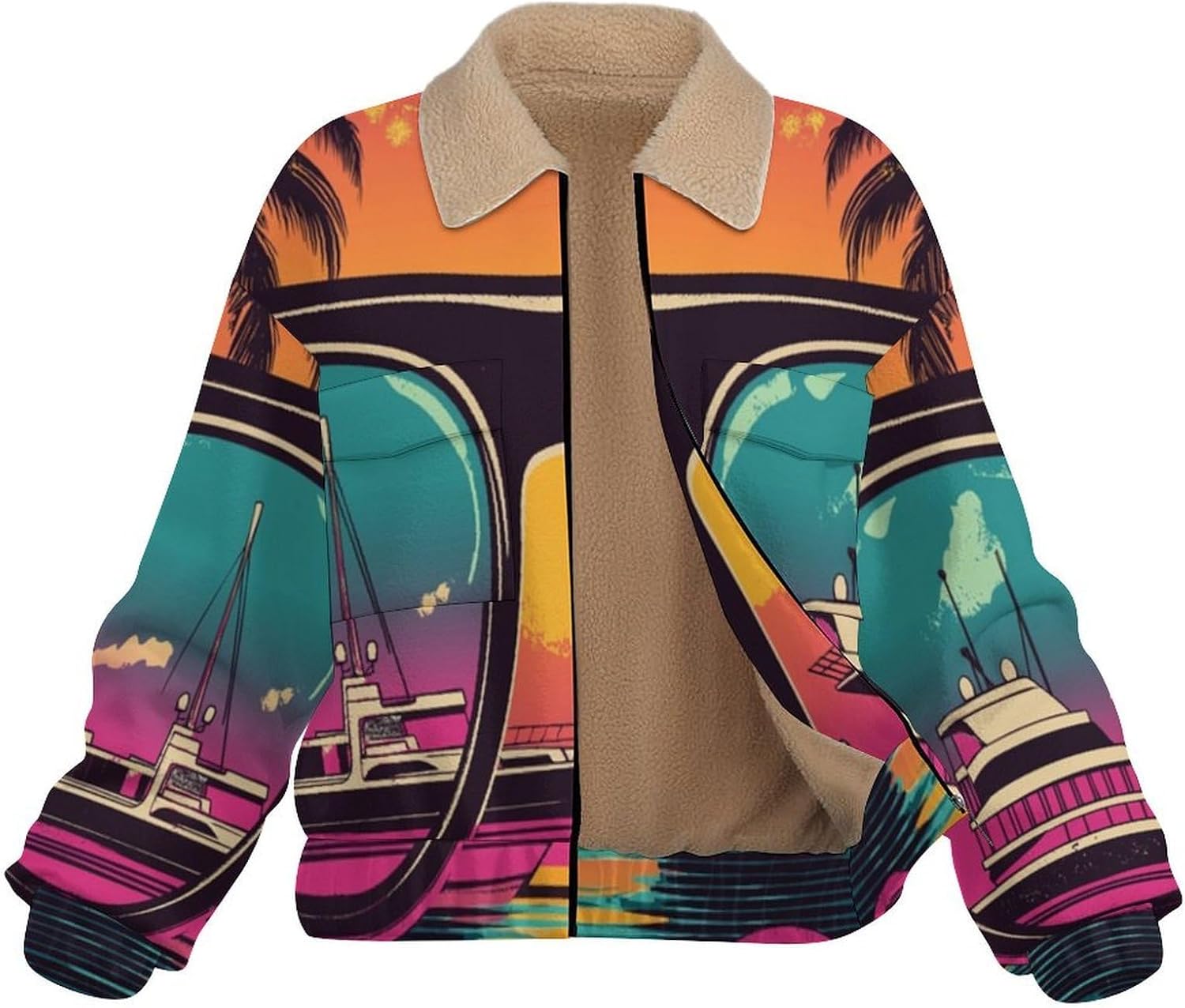 Women's Full Zip Soft Polar Fleece Jacket, sunset palm trees Printed Outdoor Recreation Coat,Long Sleeve Outerwear