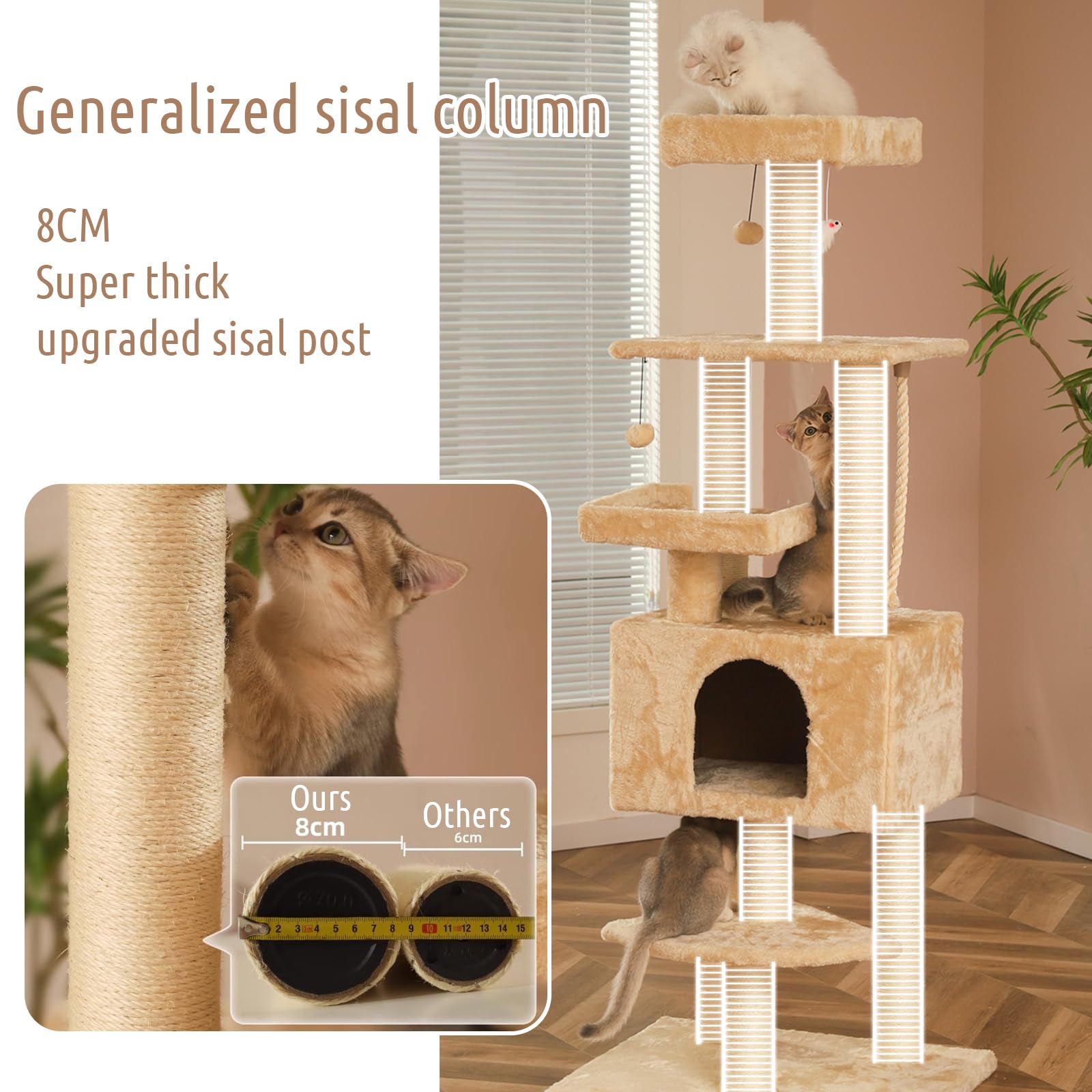Tiragraffi per Gatti Adulti, Albero per Gatti Alto 160Cm, Tiragraffi Gatto Stabile Multilivello, Alberi per attività per Gatti con Pali in Sisal Casetta per Gatti Pompon in Peluche