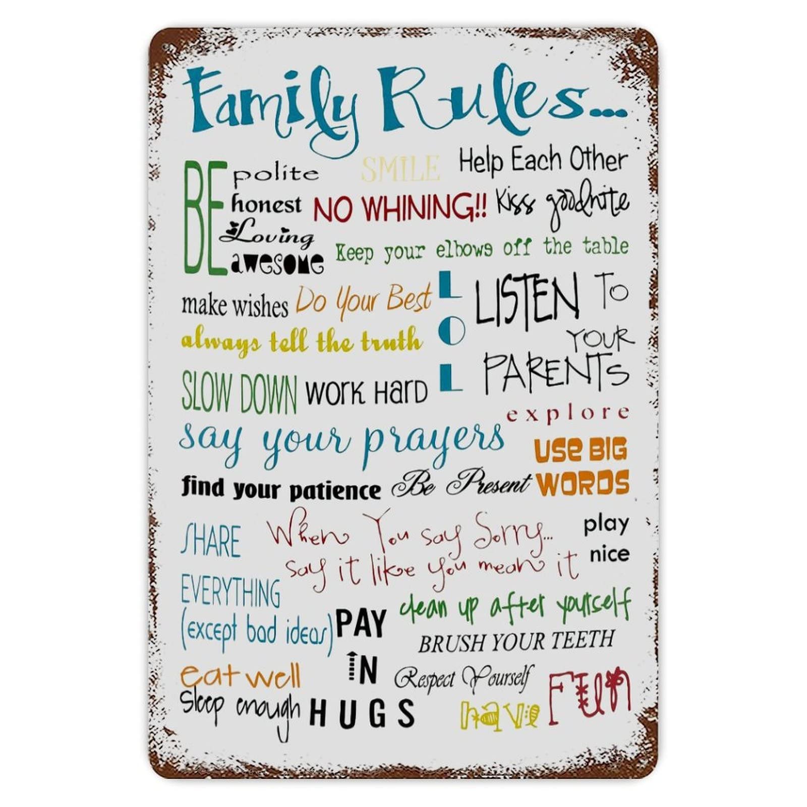ENEDNATE Family Rules Vintage Metal Tin Sign 8x12 inch Aluminum Sign for Kitchen Bars Restaurants Cafes Pubs Wall Decor