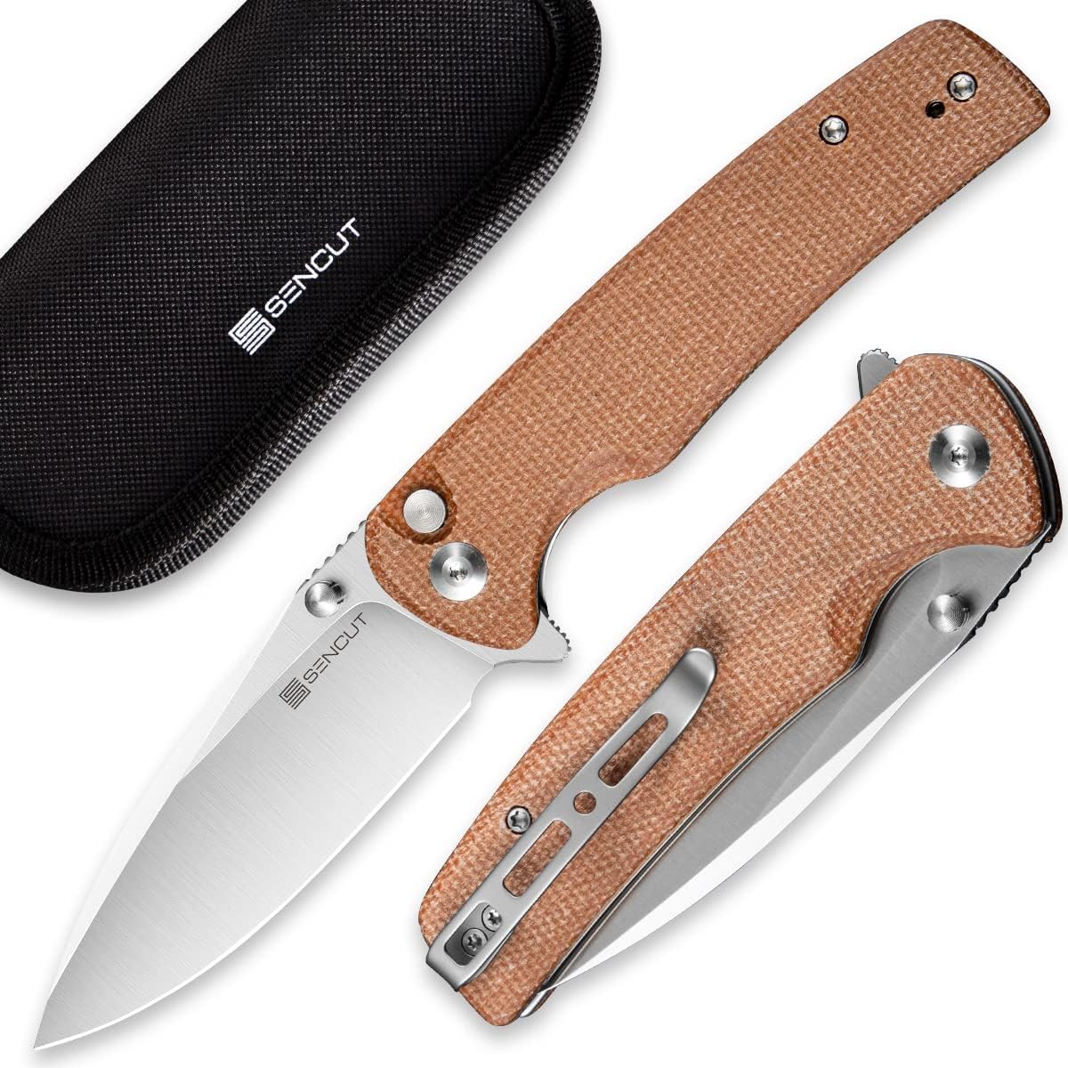 Sachse Pocket Knife Folding Knife for EDC, Brown Micarta Handle Satin 9Cr18MoV Blade Foldable Small Knife with Clip, Button Lock Everyday Carry Knife for Men Women Indoor Outdoor Gift S21007-3