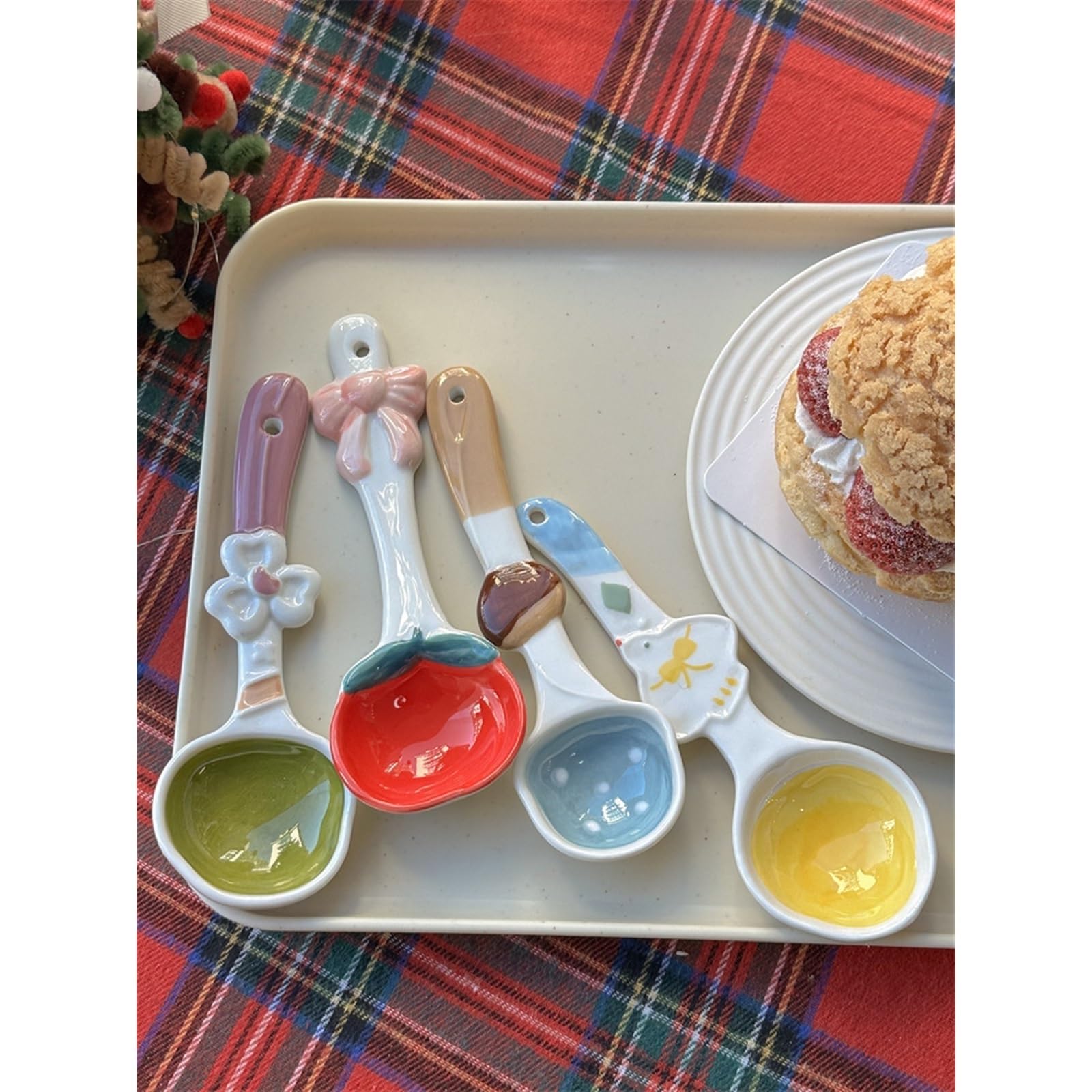 Lot de 2 Mini cuillères à Soupe Mignonnes en céramique à Large Manche, cuillère à thé, cuillère à café, cuillère à Sucre, cuillères décoratives Florales, cuillère de Service (Rose)