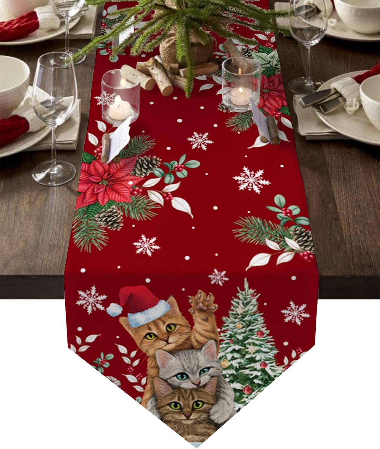 Dining Table Runner Cute Kitten for Christmas Kitchen Table Runner