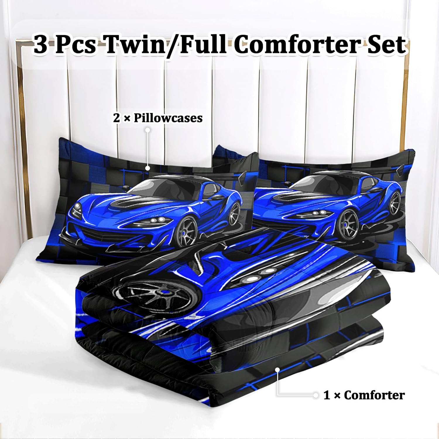 Race Car Full Boy Bedding Set, Blue Sports Car Comforter Set Full Size for Boys, 3 Pcs Cool Full Bedding Set for Boys - Image 2