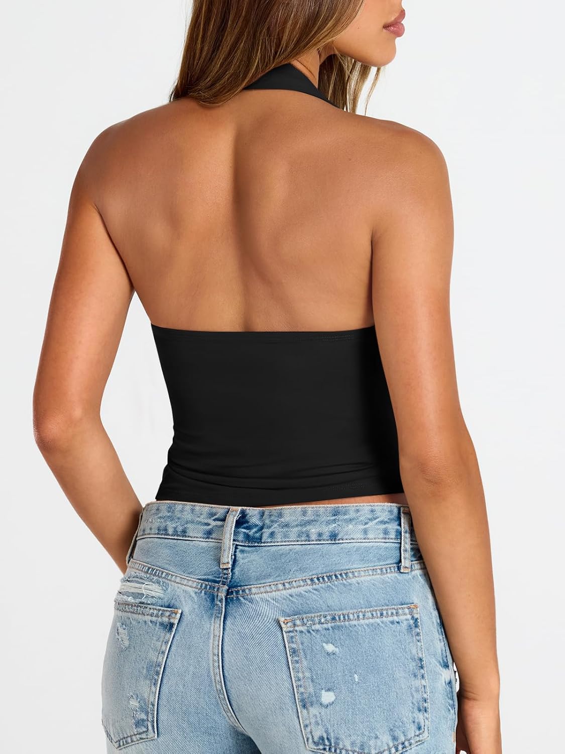 Trendy Queen Womens Halter Crop Tank Tops Backless Deep V Neck Double Lined Going Out Tops Summer Open Back Teens Cute Shirts - Image 5