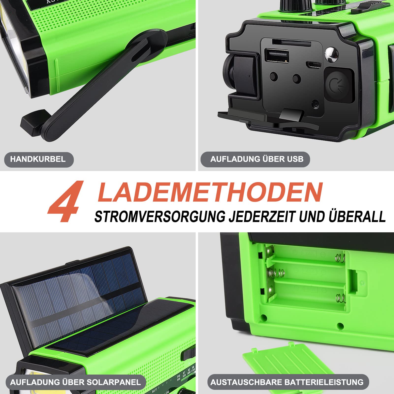 YIKANWEN Radio Solar Portátil, Radio Am/FM con Manivela y Batería Recargable 5000mAh, Linterna LED, Luz de Lectura y Alarma SOS para Camping y Exteriores (Verde)