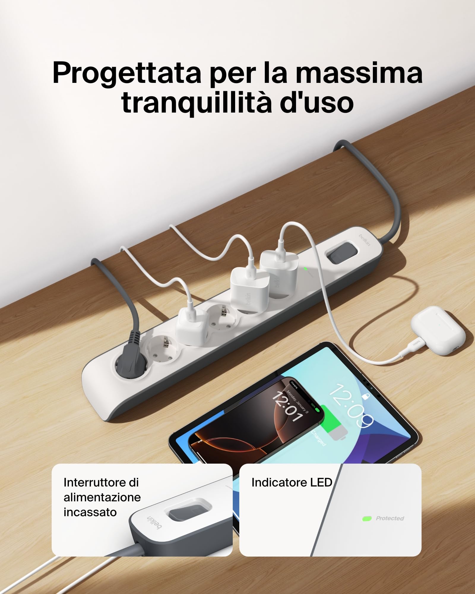 Belkin Ciabatta multipresa con 6 prese, protezione dalle sovratensioni con 6 prese CA protette, 650 joule, cavo di prolunga di 2 metri, presa multipla per casa, ufficio, laptop, computer e altro