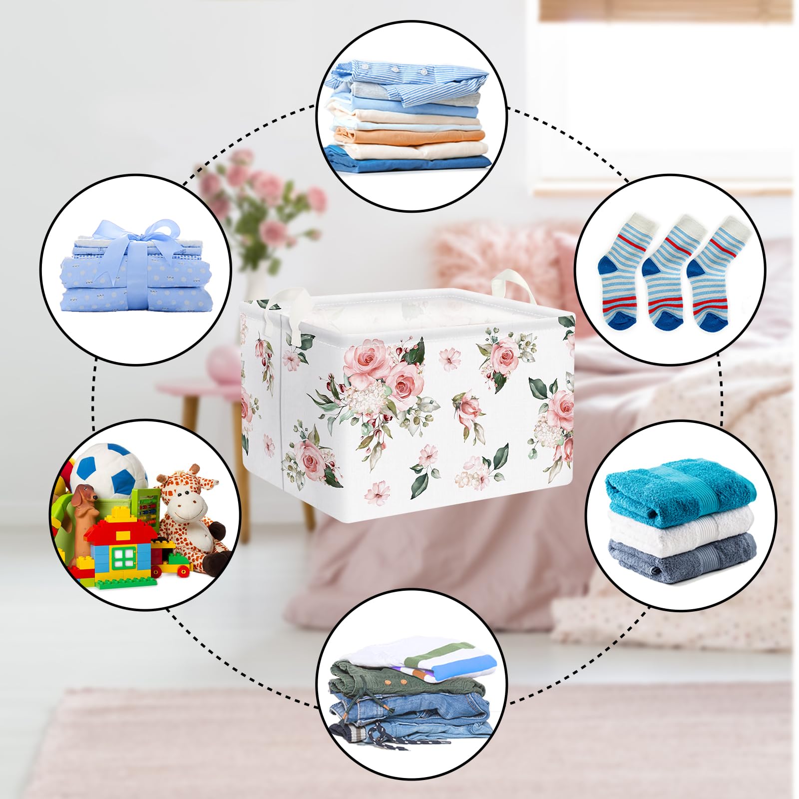 Clastyle Paniers Rangement Elégante Fleur Blanche Rose Boîtes de Rangement Cubique pour la Chambre des Enfants, 36x26x23 cm