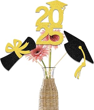 12Pcs Class of 2025 Graduation Centerpiece Sticks - College High School Graduation Party Decorations - Congrats Grad Party Supplies Gold & Black