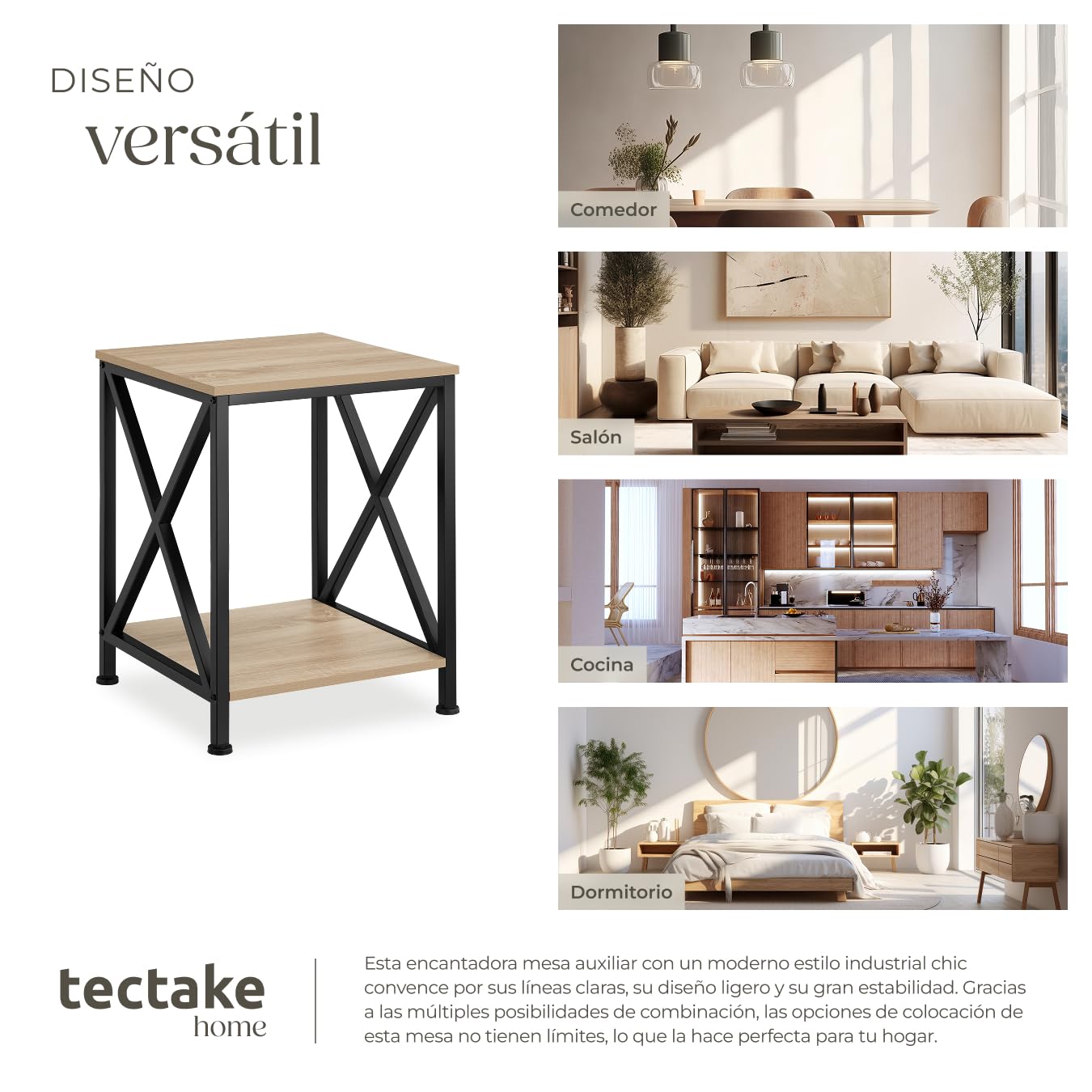 tectake® Mesa Auxiliar Salon Estilo Industrial con 2 Estantes y Pies Ajustables, Mesitas de Noche, Decoracion Hogar, Muebles, Oficina - 40,5 x 40,5 x 52,2 cm Madera Industrial Clara, Roble Sonoma